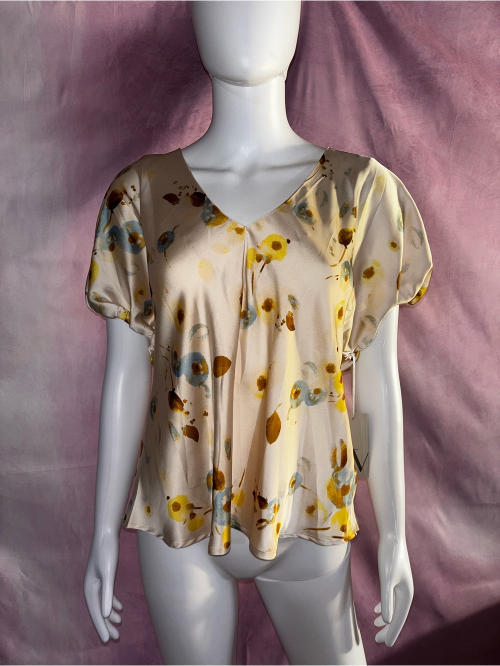 Worthington Cream Floral V-Neck Short Sleeve Blouse with Yellow & Blue Accents